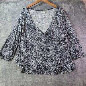 Coldwater Creek Womens Paisley Wrap Top 1X Black White Boho Artsy‎ Plus Size